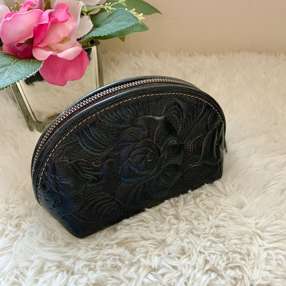 Patricia Nash Embossed Black Leather Heritage Cosmetic Bag Pouch Zippered Case